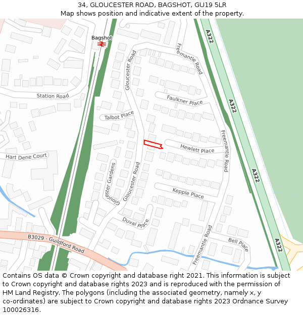 34, GLOUCESTER ROAD, BAGSHOT, GU19 5LR: Location map and indicative extent of plot