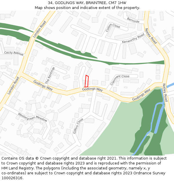 34, GODLINGS WAY, BRAINTREE, CM7 1HW: Location map and indicative extent of plot