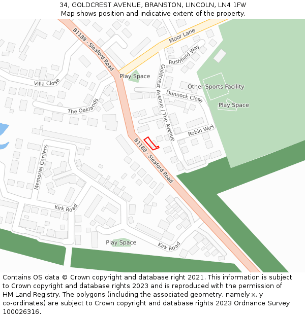 34, GOLDCREST AVENUE, BRANSTON, LINCOLN, LN4 1FW: Location map and indicative extent of plot