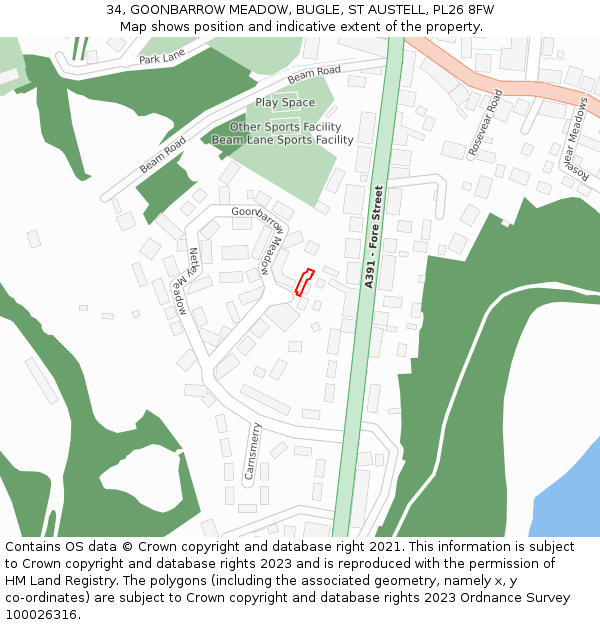 34, GOONBARROW MEADOW, BUGLE, ST AUSTELL, PL26 8FW: Location map and indicative extent of plot