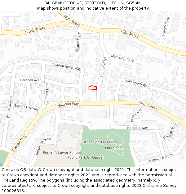 34, GRANGE DRIVE, STOTFOLD, HITCHIN, SG5 4NJ: Location map and indicative extent of plot