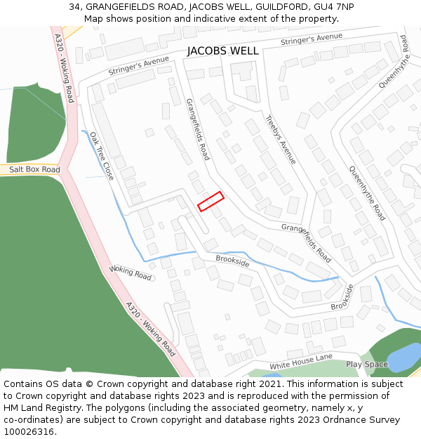 34, GRANGEFIELDS ROAD, JACOBS WELL, GUILDFORD, GU4 7NP: Location map and indicative extent of plot