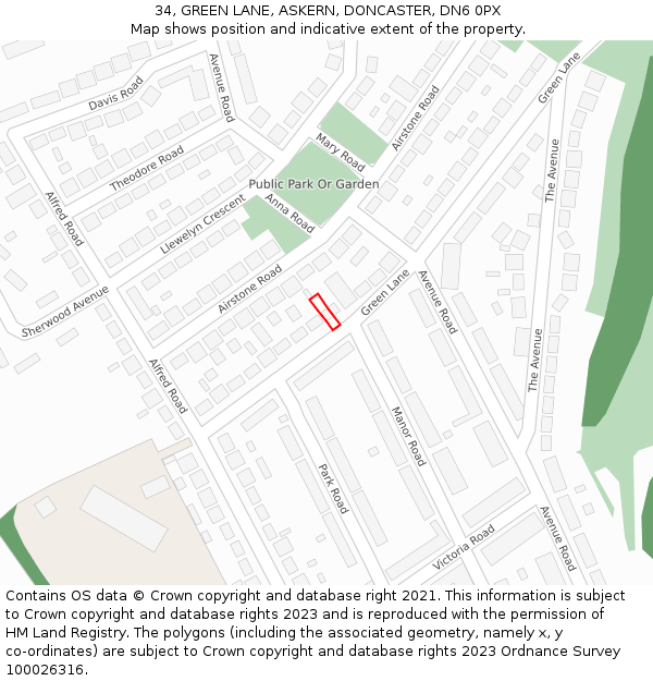 34, GREEN LANE, ASKERN, DONCASTER, DN6 0PX: Location map and indicative extent of plot