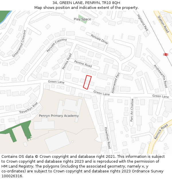 34, GREEN LANE, PENRYN, TR10 8QH: Location map and indicative extent of plot