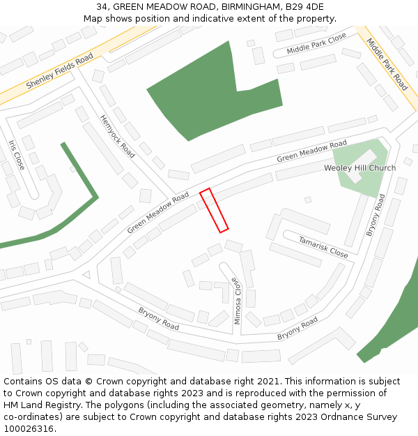 34, GREEN MEADOW ROAD, BIRMINGHAM, B29 4DE: Location map and indicative extent of plot