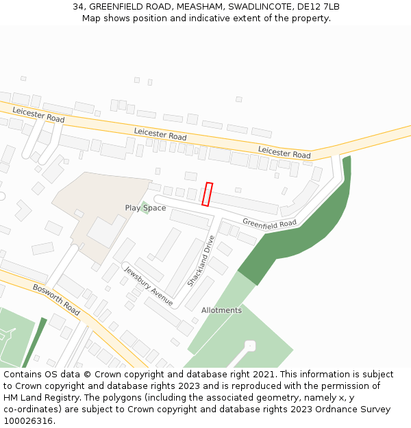 34, GREENFIELD ROAD, MEASHAM, SWADLINCOTE, DE12 7LB: Location map and indicative extent of plot