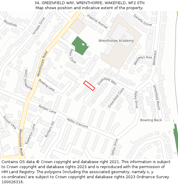 34, GREENFIELD WAY, WRENTHORPE, WAKEFIELD, WF2 0TN: Location map and indicative extent of plot