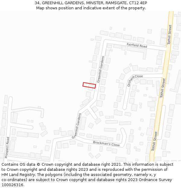 34, GREENHILL GARDENS, MINSTER, RAMSGATE, CT12 4EP: Location map and indicative extent of plot