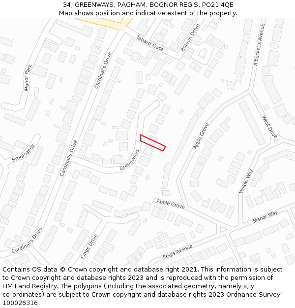 34, GREENWAYS, PAGHAM, BOGNOR REGIS, PO21 4QE: Location map and indicative extent of plot