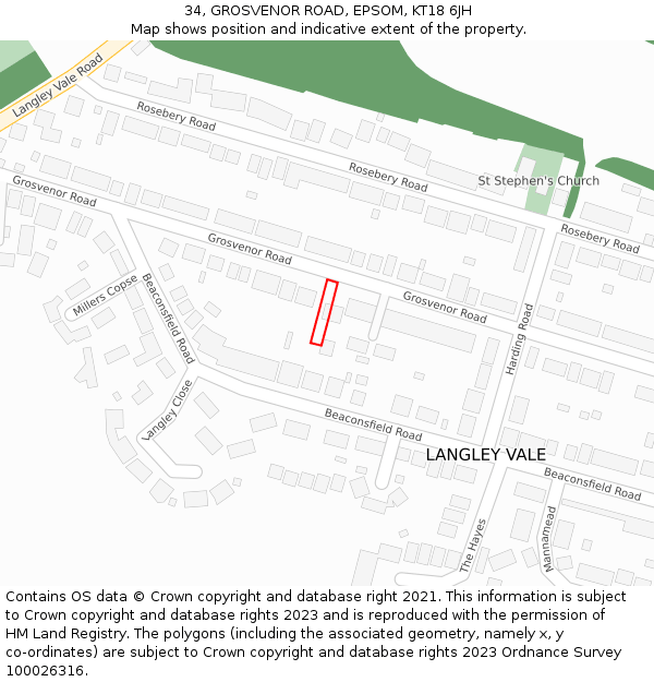 34, GROSVENOR ROAD, EPSOM, KT18 6JH: Location map and indicative extent of plot