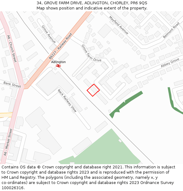 34, GROVE FARM DRIVE, ADLINGTON, CHORLEY, PR6 9QS: Location map and indicative extent of plot
