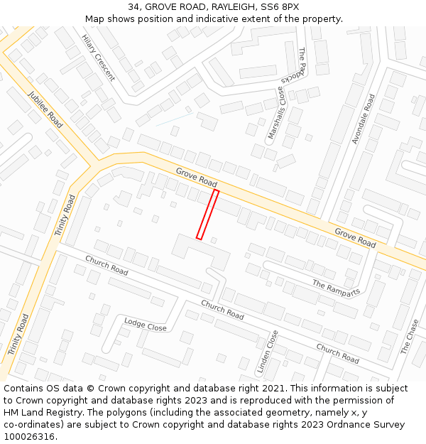 34, GROVE ROAD, RAYLEIGH, SS6 8PX: Location map and indicative extent of plot