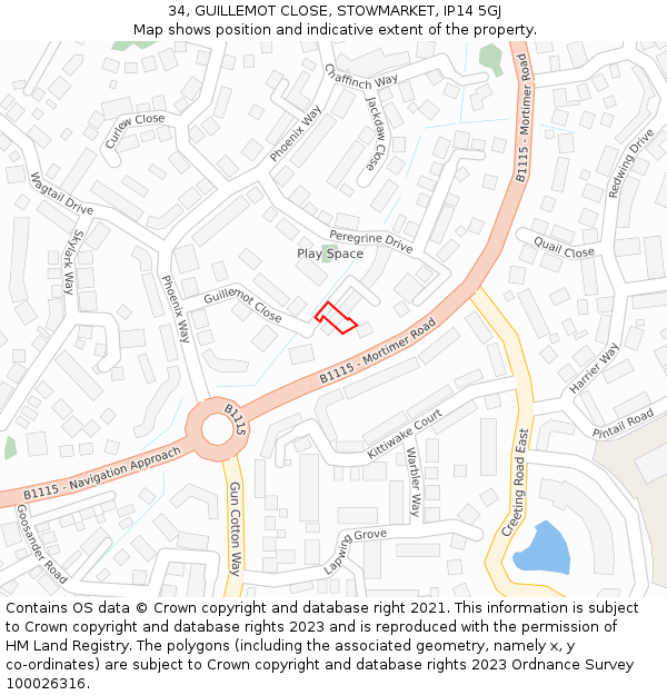 34, GUILLEMOT CLOSE, STOWMARKET, IP14 5GJ: Location map and indicative extent of plot