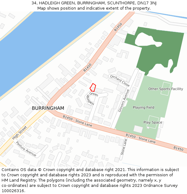 34, HADLEIGH GREEN, BURRINGHAM, SCUNTHORPE, DN17 3NJ: Location map and indicative extent of plot