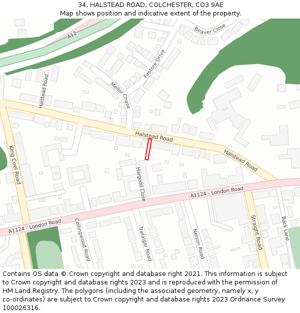 34, HALSTEAD ROAD, COLCHESTER, CO3 9AE: Location map and indicative extent of plot