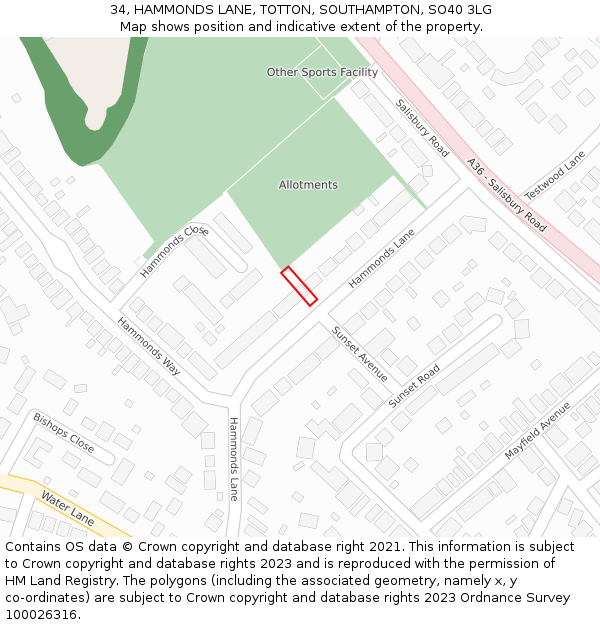 34, HAMMONDS LANE, TOTTON, SOUTHAMPTON, SO40 3LG: Location map and indicative extent of plot