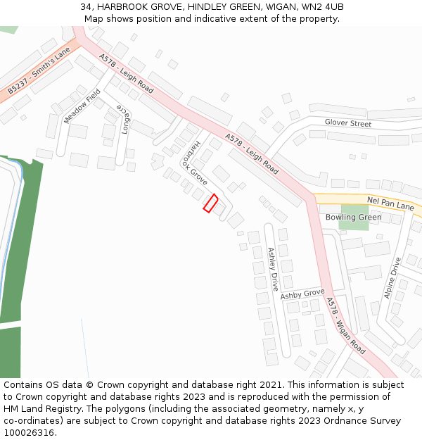 34, HARBROOK GROVE, HINDLEY GREEN, WIGAN, WN2 4UB: Location map and indicative extent of plot