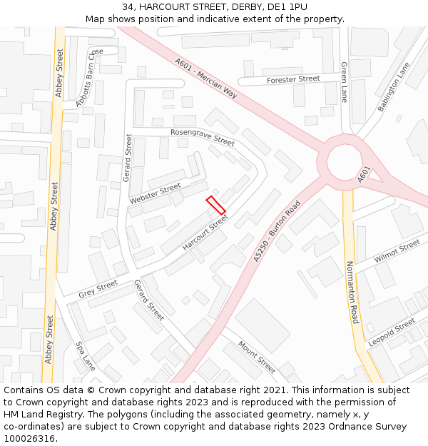 34, HARCOURT STREET, DERBY, DE1 1PU: Location map and indicative extent of plot