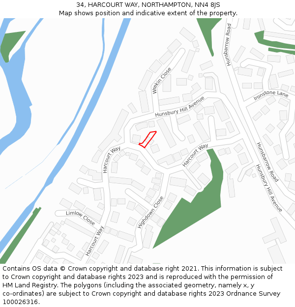 34, HARCOURT WAY, NORTHAMPTON, NN4 8JS: Location map and indicative extent of plot