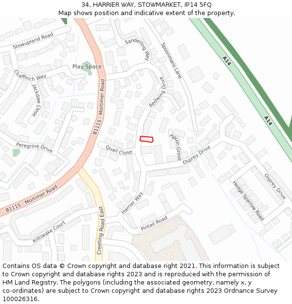 34, HARRIER WAY, STOWMARKET, IP14 5FQ: Location map and indicative extent of plot