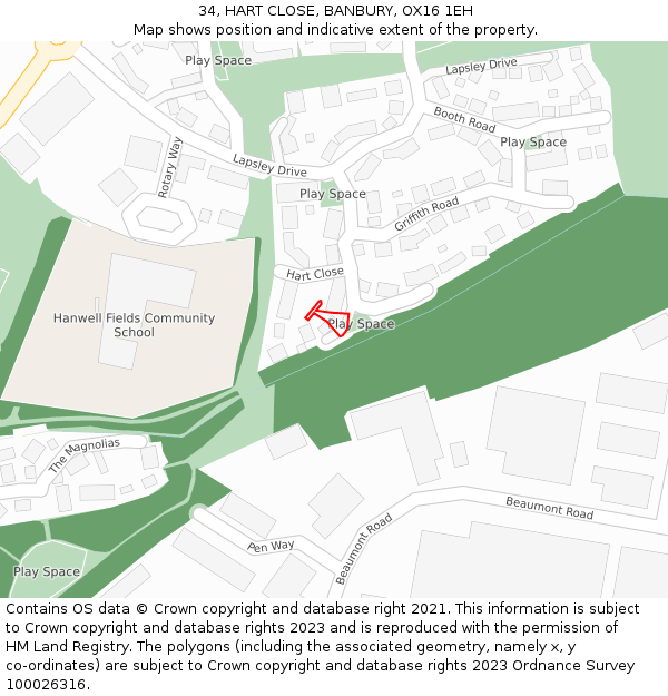 34, HART CLOSE, BANBURY, OX16 1EH: Location map and indicative extent of plot