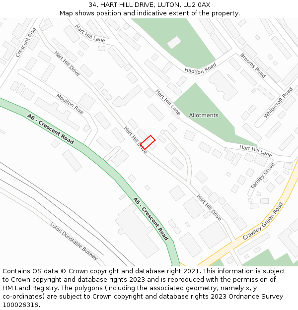34, HART HILL DRIVE, LUTON, LU2 0AX: Location map and indicative extent of plot