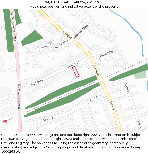 34, HART ROAD, HARLOW, CM17 0HL: Location map and indicative extent of plot