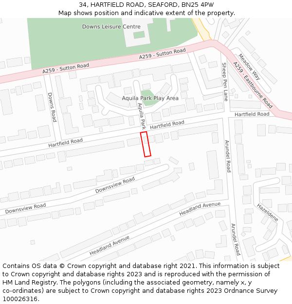 34, HARTFIELD ROAD, SEAFORD, BN25 4PW: Location map and indicative extent of plot