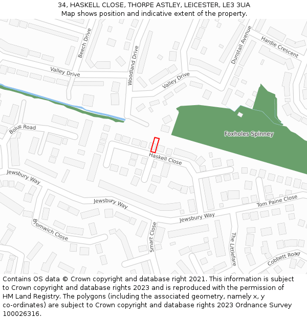 34, HASKELL CLOSE, THORPE ASTLEY, LEICESTER, LE3 3UA: Location map and indicative extent of plot