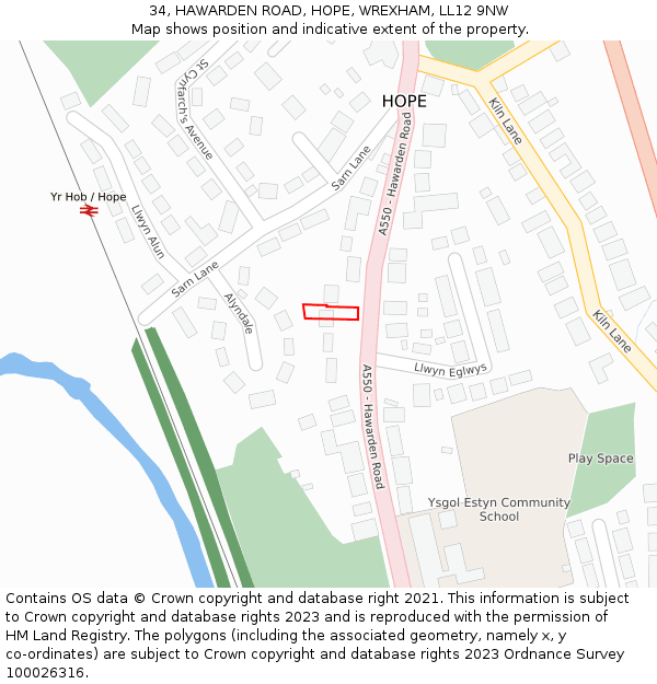 34, HAWARDEN ROAD, HOPE, WREXHAM, LL12 9NW: Location map and indicative extent of plot