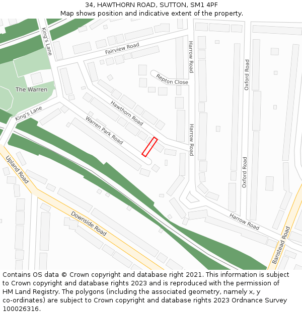 34, HAWTHORN ROAD, SUTTON, SM1 4PF: Location map and indicative extent of plot