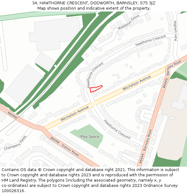 34, HAWTHORNE CRESCENT, DODWORTH, BARNSLEY, S75 3JZ: Location map and indicative extent of plot