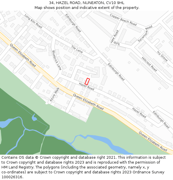 34, HAZEL ROAD, NUNEATON, CV10 9HL: Location map and indicative extent of plot