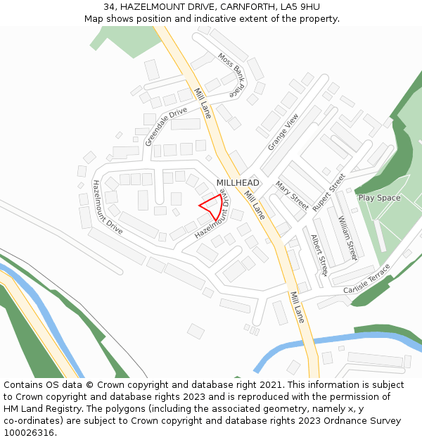 34, HAZELMOUNT DRIVE, CARNFORTH, LA5 9HU: Location map and indicative extent of plot