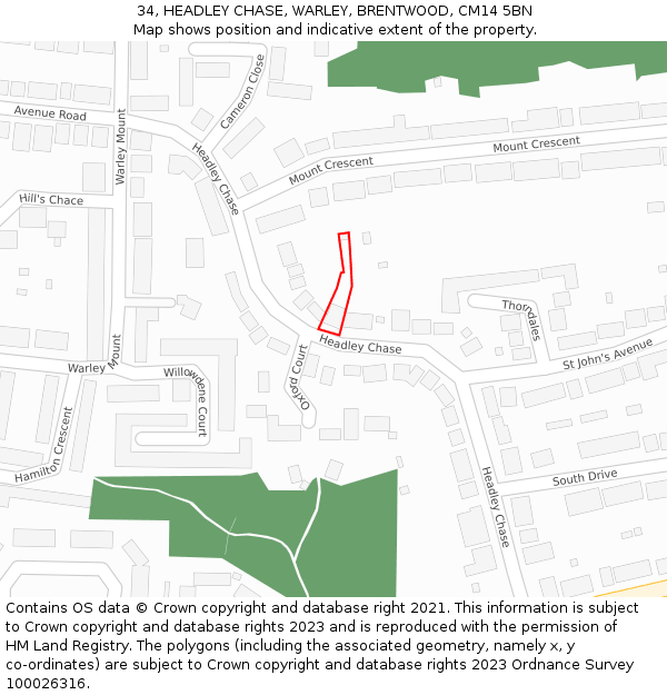 34, HEADLEY CHASE, WARLEY, BRENTWOOD, CM14 5BN: Location map and indicative extent of plot