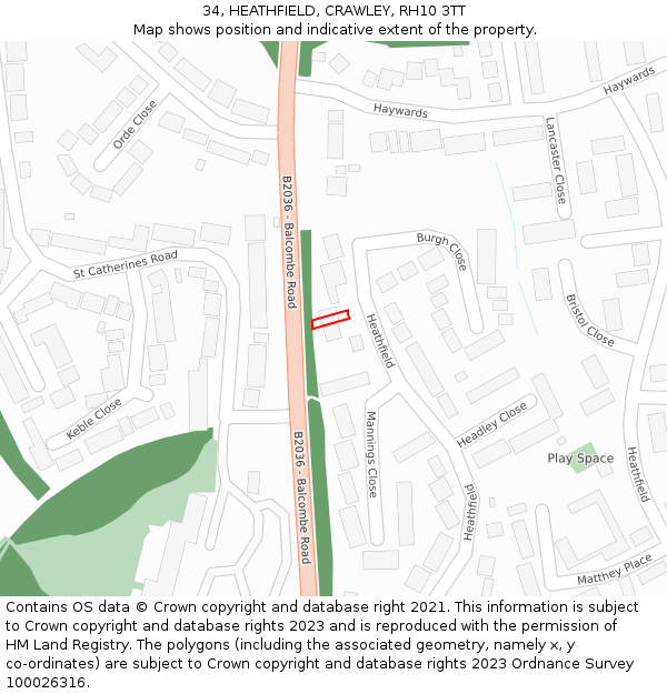 34, HEATHFIELD, CRAWLEY, RH10 3TT: Location map and indicative extent of plot