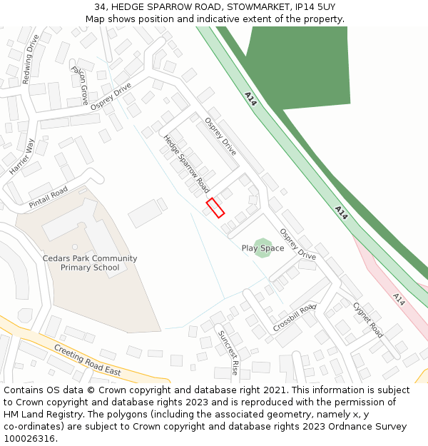 34, HEDGE SPARROW ROAD, STOWMARKET, IP14 5UY: Location map and indicative extent of plot