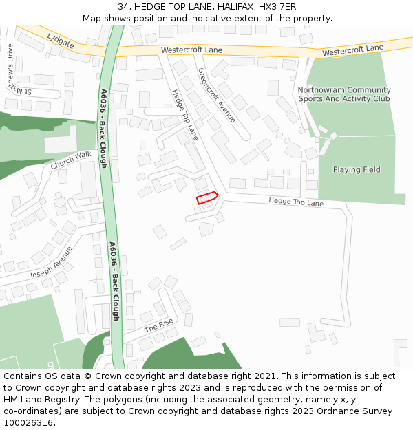 34, HEDGE TOP LANE, HALIFAX, HX3 7ER: Location map and indicative extent of plot