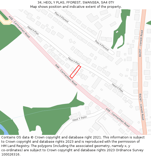 34, HEOL Y PLAS, FFOREST, SWANSEA, SA4 0TY: Location map and indicative extent of plot