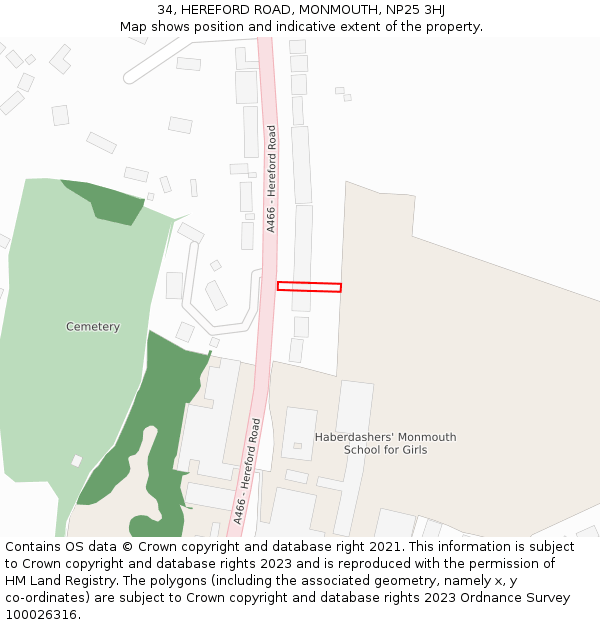 34, HEREFORD ROAD, MONMOUTH, NP25 3HJ: Location map and indicative extent of plot