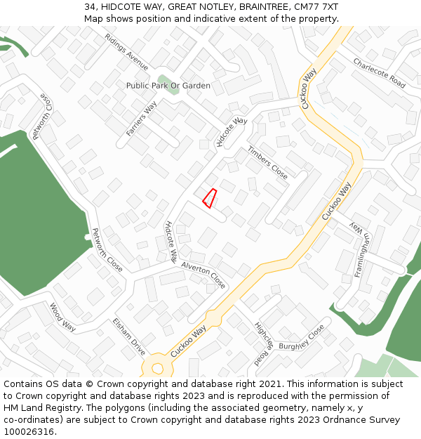 34, HIDCOTE WAY, GREAT NOTLEY, BRAINTREE, CM77 7XT: Location map and indicative extent of plot