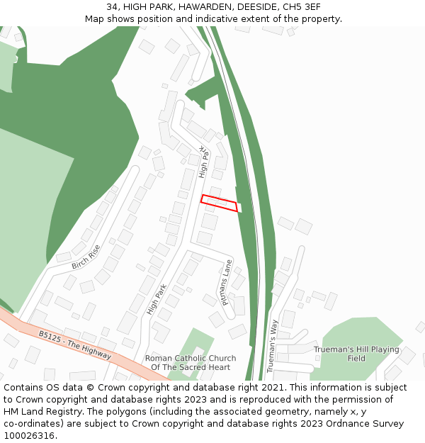 34, HIGH PARK, HAWARDEN, DEESIDE, CH5 3EF: Location map and indicative extent of plot