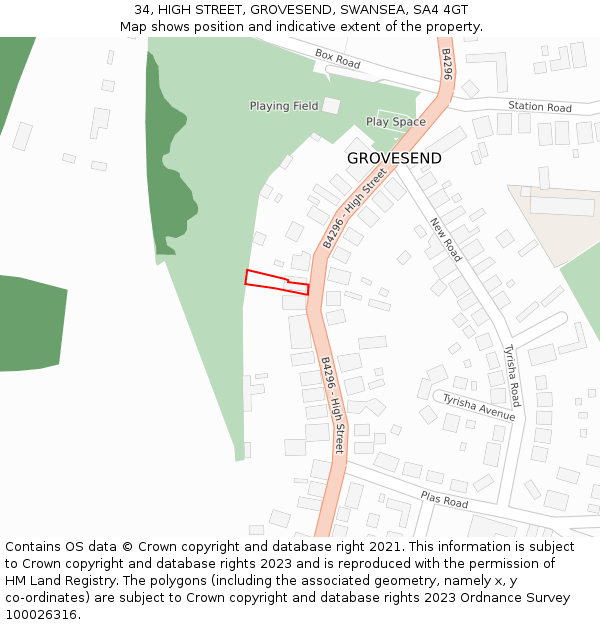 34, HIGH STREET, GROVESEND, SWANSEA, SA4 4GT: Location map and indicative extent of plot