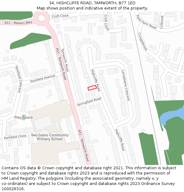 34, HIGHCLIFFE ROAD, TAMWORTH, B77 1ED: Location map and indicative extent of plot