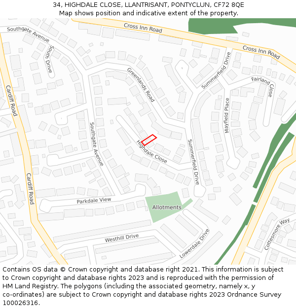 34, HIGHDALE CLOSE, LLANTRISANT, PONTYCLUN, CF72 8QE: Location map and indicative extent of plot