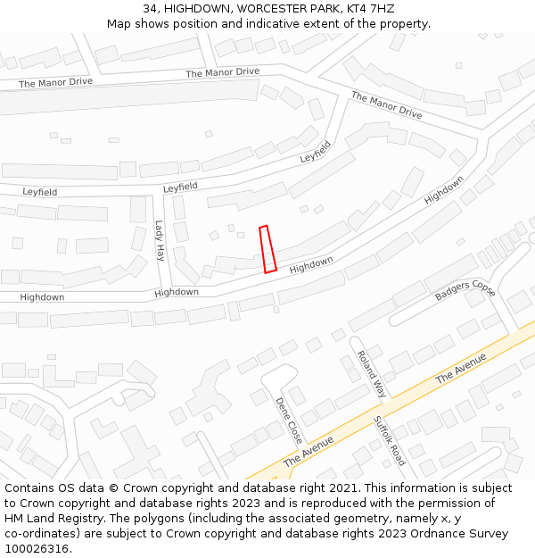 34, HIGHDOWN, WORCESTER PARK, KT4 7HZ: Location map and indicative extent of plot