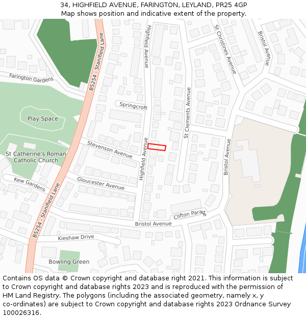 34, HIGHFIELD AVENUE, FARINGTON, LEYLAND, PR25 4GP: Location map and indicative extent of plot