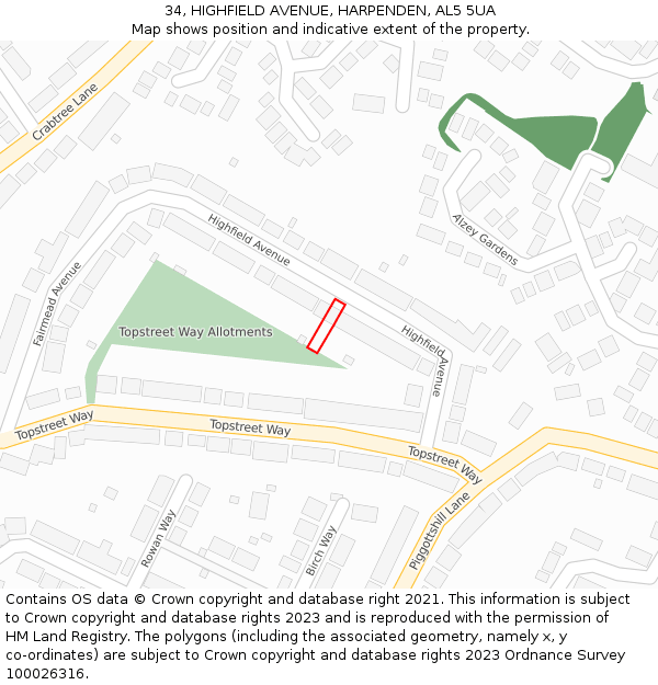 34, HIGHFIELD AVENUE, HARPENDEN, AL5 5UA: Location map and indicative extent of plot