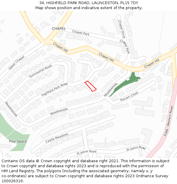 34, HIGHFIELD PARK ROAD, LAUNCESTON, PL15 7DY: Location map and indicative extent of plot