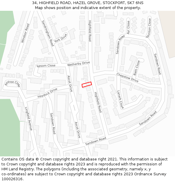 34, HIGHFIELD ROAD, HAZEL GROVE, STOCKPORT, SK7 6NS: Location map and indicative extent of plot